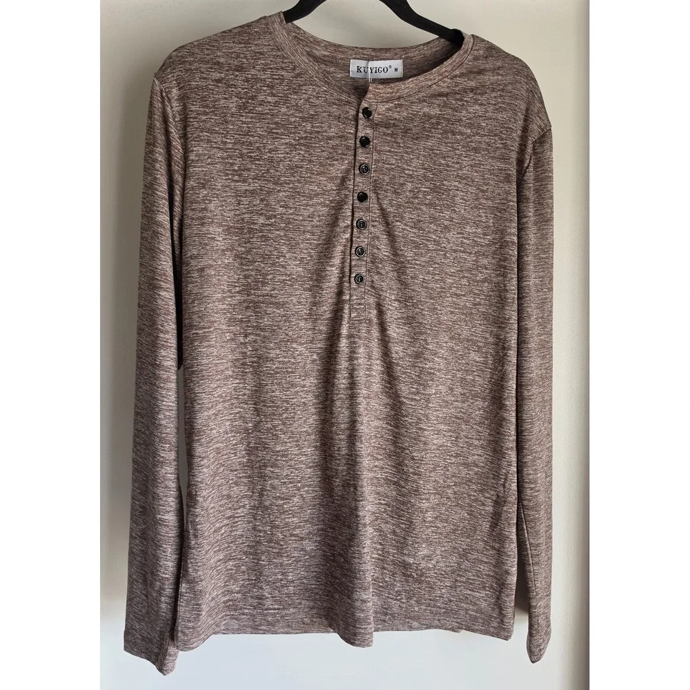 NWT Kuyigo Men Henley T-Shirt M Brown Marled Long Sleeve Collared Pullover Top